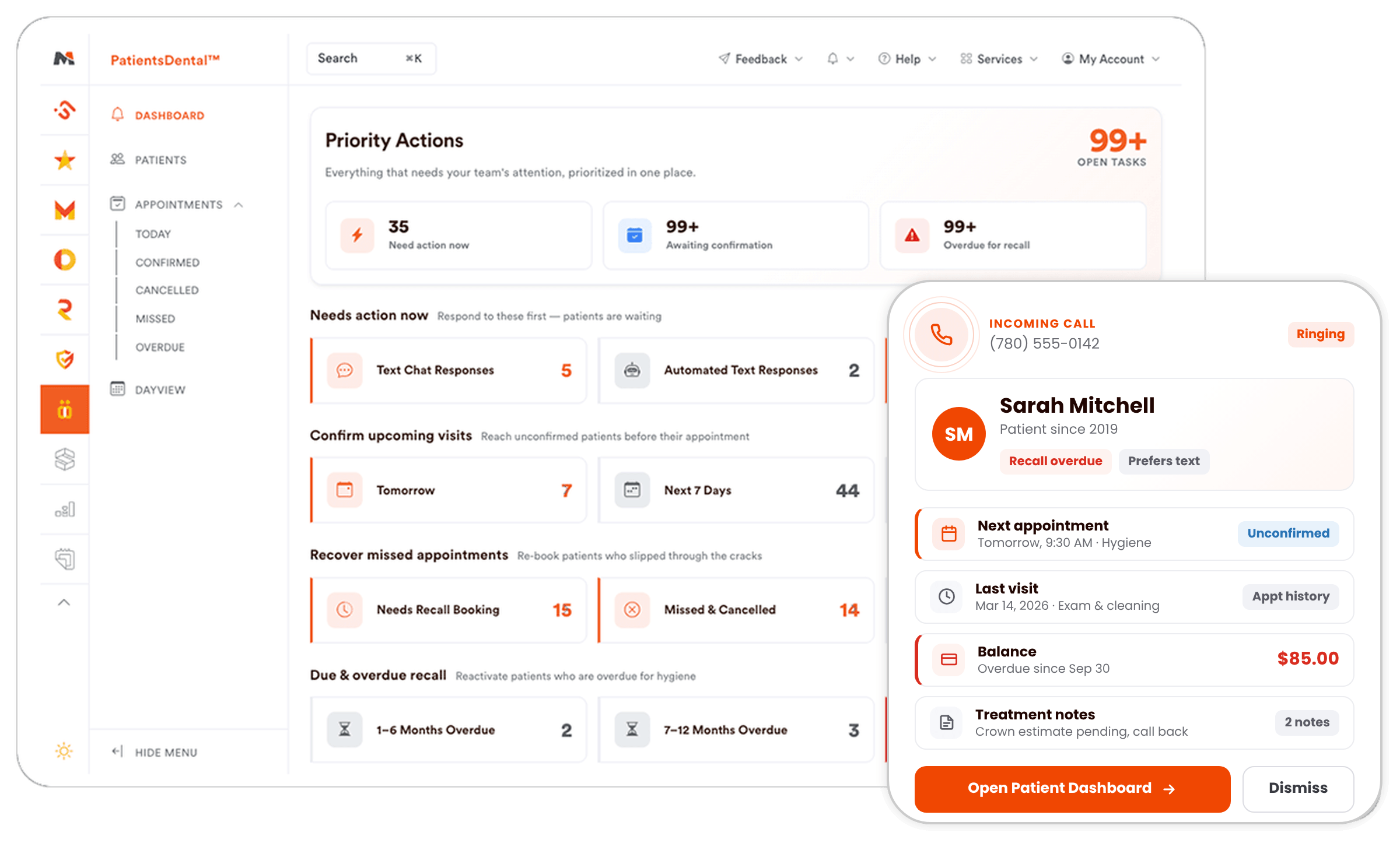 Call.Dental VoIP phone system shows your team the caller's name and patient dashboard before they answer.