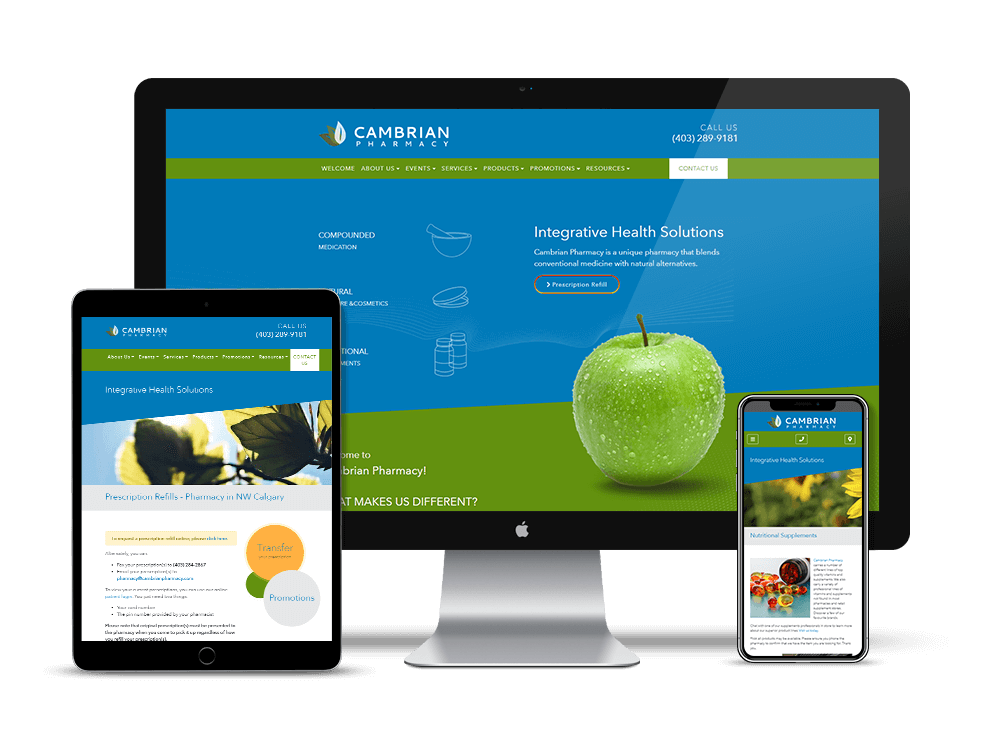 Cambrian Pharmacy in Calgary, Alberta has a new custom website. Improvements to the content include dedicated pages with detailed information
