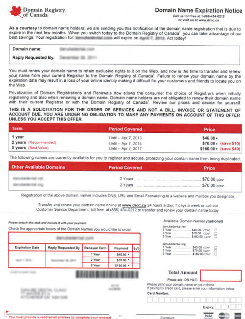 It is our responsibility to inform you that you may receive a letter from a company officially called Domain Registry of Canada