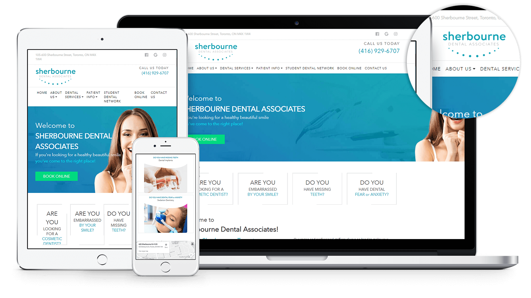 MarketDental developed a clean, elegant logo concept for Sherbourne Dental Associates, which then segued well into the design
